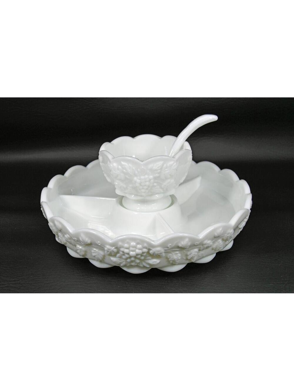 VTG Westmoreland Paneled Grape White Milk Glass Divided Relish Dish Dip Bowl Spn